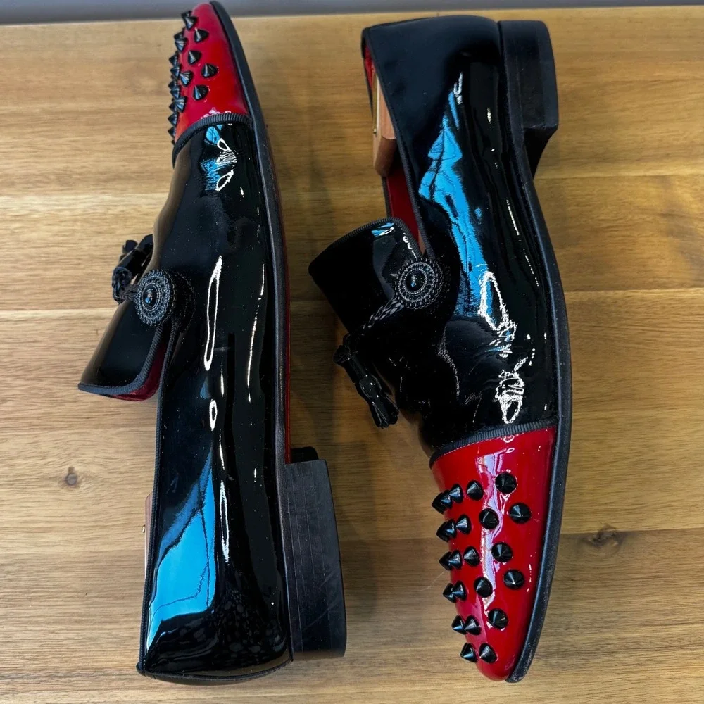 Vercini Men EU 43 Black Red Studded Spiked Patent Leather Loafers Tassel Shoes